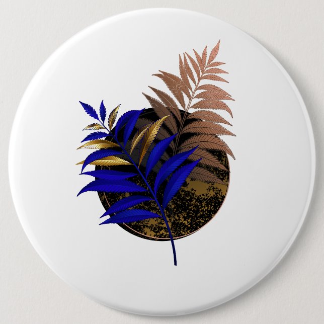 Blauer Farn im schwarzen Kreis Button (Vorderseite)