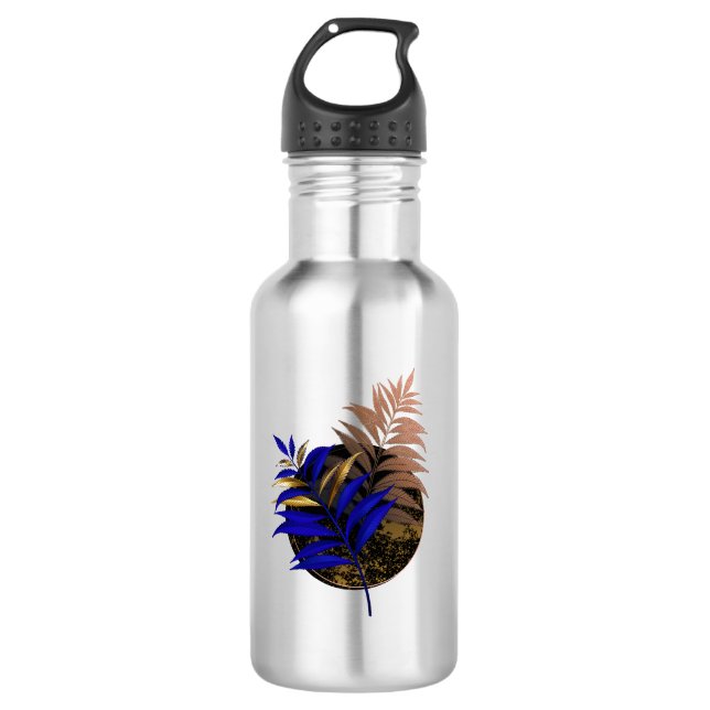 Blauer Farn im schwarzen Kreis Edelstahlflasche (Vorderseite)