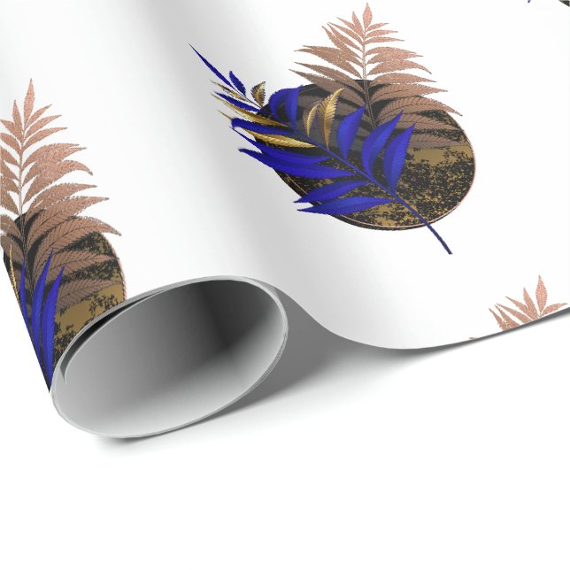 Blauer Farn im schwarzen Kreis Geschenkpapier (Rolleneckpunkt)