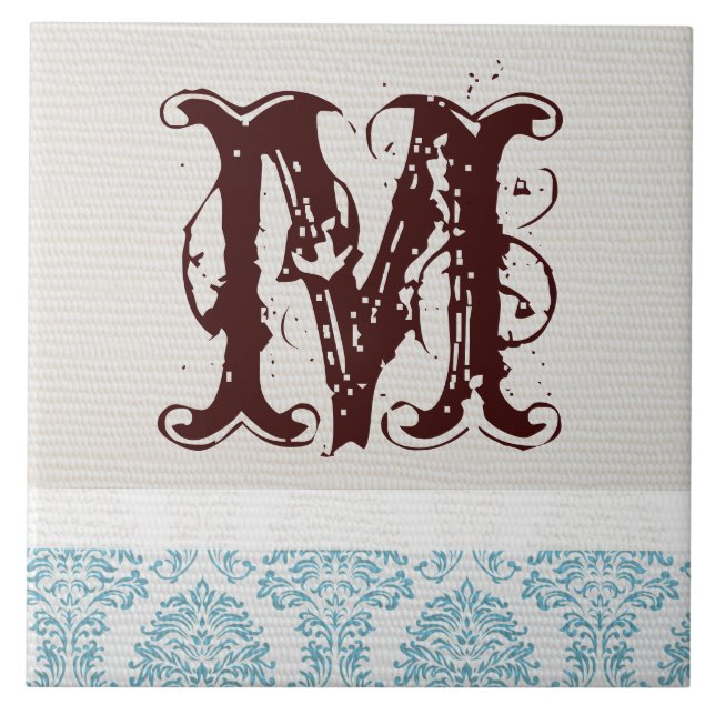 Blauer Filigree Damask Monogram Display Tile Fliese (Vorderseite)