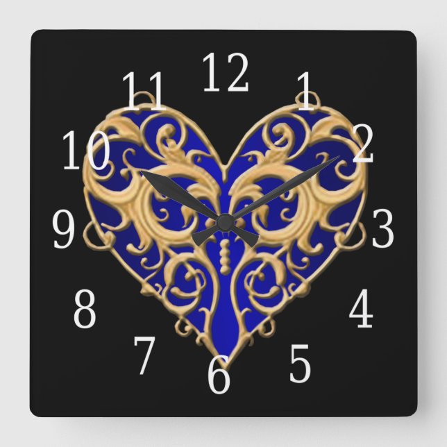 Blauer Filigree Herzschlange Quadratische Wanduhr (Vorderseite)