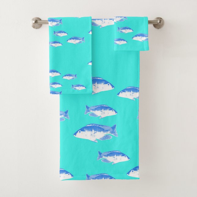 Blauer Fisch auf Türkis Badhandtuch Set (Insitu)
