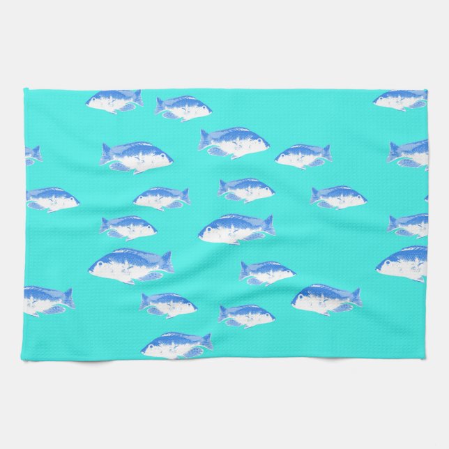 Blauer Fisch auf Türkis Geschirrtuch (Horizontal)