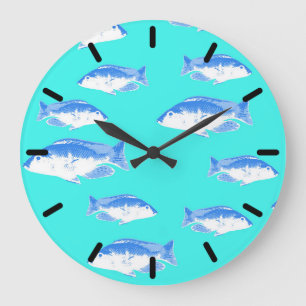 Blauer Fisch auf Türkis Große Wanduhr