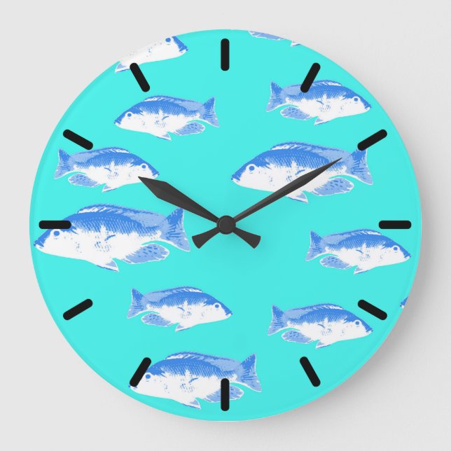 Blauer Fisch auf Türkis Große Wanduhr (Vorderseite)
