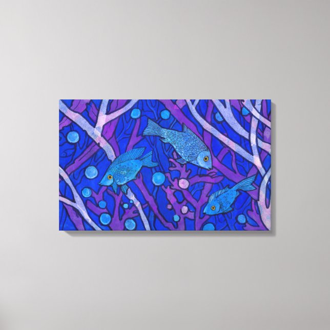 Blauer Fisch in Meeresalgen, Art Paper Collag Leinwanddruck (Vorderseite)