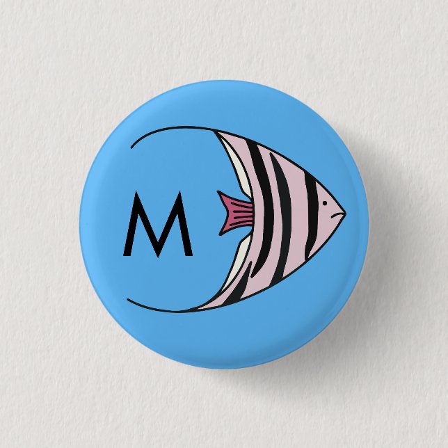 Blauer Fischmuster-Monogramm Button (Vorderseite)