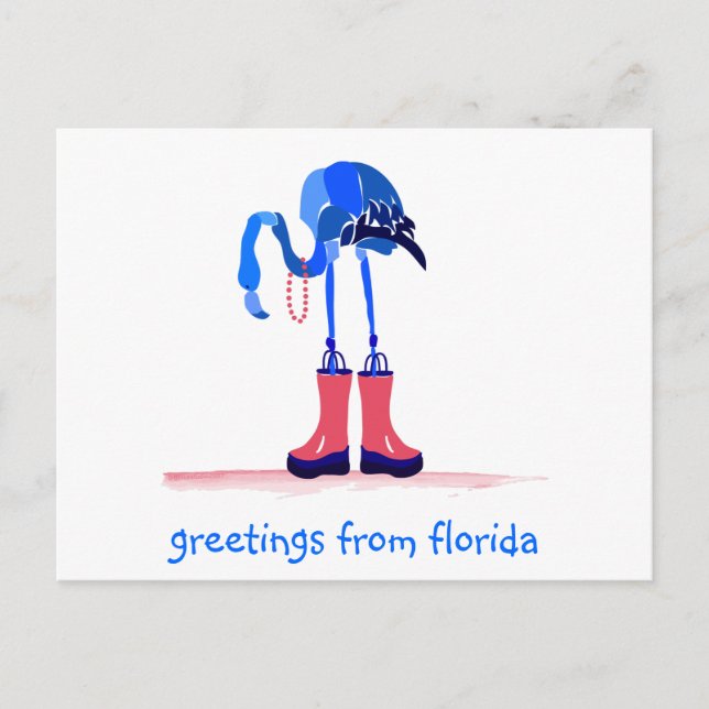 Blauer Flamingo, Grüße aus Florida Postkarte (Vorderseite)