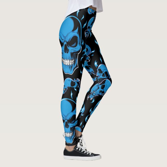 Blauer Flammenschädel für Halloween Leggings (Rechts)