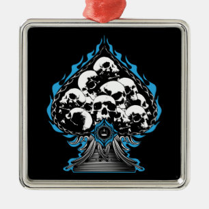 Blauer Flammenzug mit Skullen Silbernes Ornament