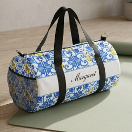 Blauer Fliesen Gelber Zitrone Aquarell-Monogramm-N Duffle Bag