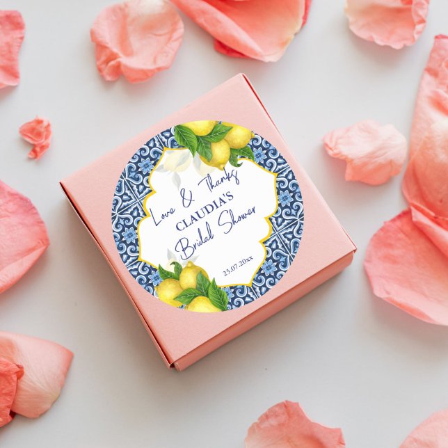 Blauer Fliesenlemon Amalfi Party Vielen Dank Runder Aufkleber (Blue tiles lemon Amalfi party thank you favor Sticker Italian themed bridal shower favor stickers)