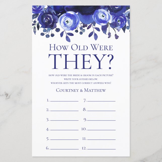 Blauer Flor wie alt waren sie Brautparty Game (Vorderseite)