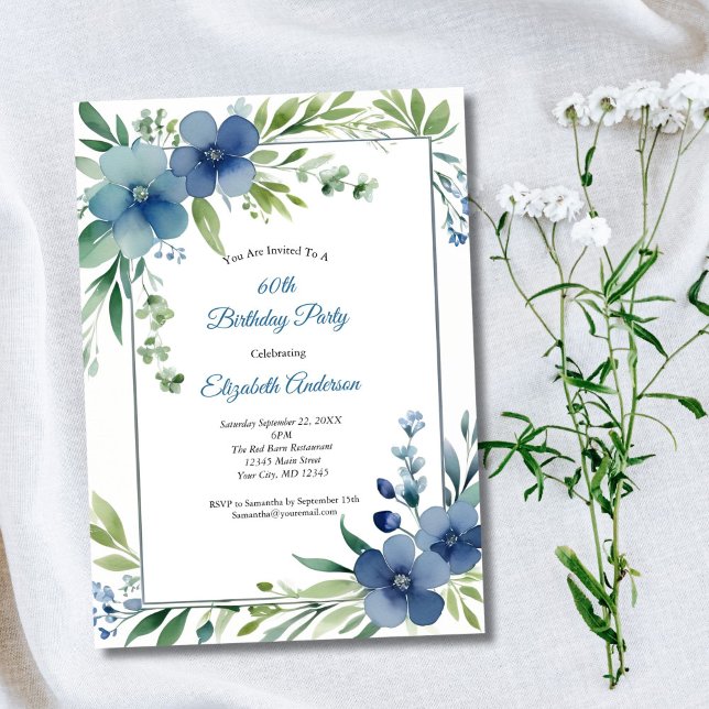 Blauer Flora Elegant 60. Geburtstag Einladung (Blue and Green Watercolor Floral 60th Birthday invitation)
