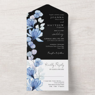Blauer Floral Monogramm Schwarz-Weiß-Hochzeit All In One Einladung