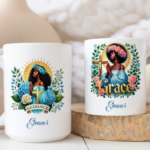 Blauer Floral Schönes Gebet Schwarze Frau Kaffeetasse