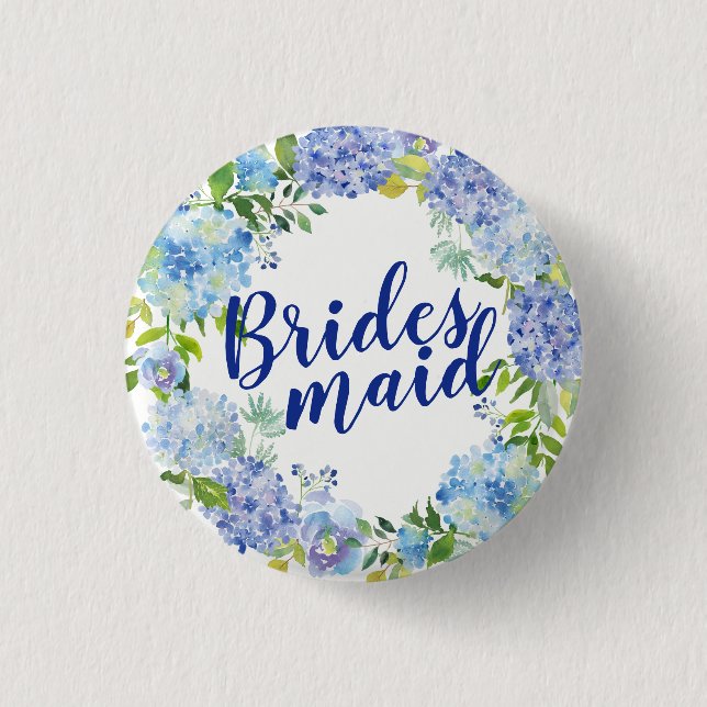 Blauer Floral Wasserfarbe Bridesmaid Button (Vorderseite)