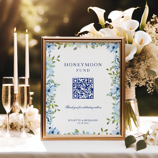 Blauer Floraler Hochzeitsgeschenk-QR-Code-Schild f Poster (Dusty blue, floral Honeymoon Fund wedding sign to ask for cash gifts with tact)
