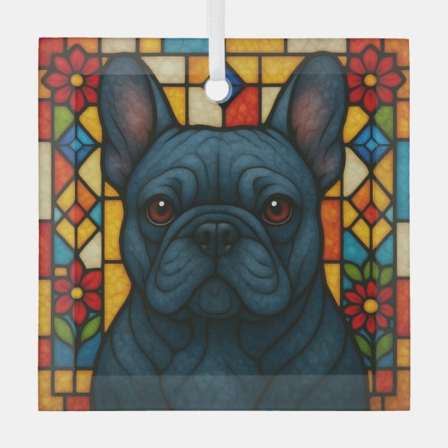 Blauer französischer Bulldog-Hund "gesteinigtes Gl Ornament Aus Glas (Vorderseite)