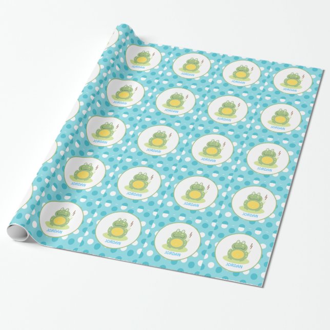 Blauer Frosch-Rosa-Punkt-kundengerechtes Geschenkpapier (Ungerollt)
