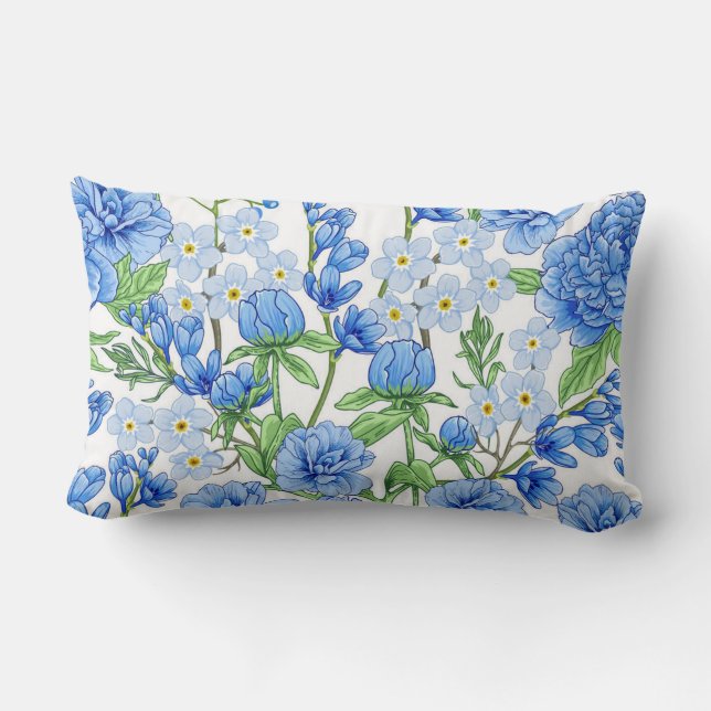 Blauer Frühling Blumen mit grünen Foliage Lendenkissen (Rückseite)