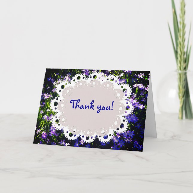 Blauer Frühling Blumen & Weiß Doily Danke Karte (Vorderseite)
