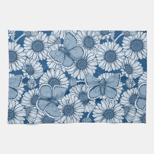 Blauer Frühling, wilde Blume, Gänseblümchen Geschirrtuch (Horizontal)