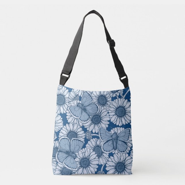 Blauer Frühling, wilde Blume, Gänseblümchen Tragetaschen Mit Langen Trägern (Vorderseite)