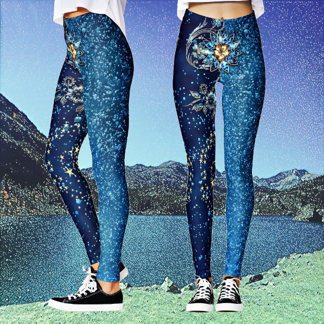 Blauer funkelnder Neujahrsfest Glitzer Sterne Blum Leggings (Blue Sparkling New Year Glitter Stars Floral Party Leggings)
