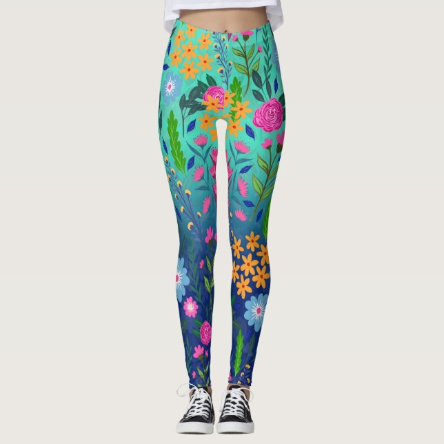 Blauer Garten Blume Hübsches Design Leggings (Vorderseite)
