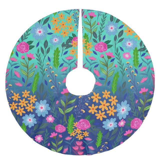 Blauer Garten Blume Hübsches Design Polyester Weihnachtsbaumdecke (Vorderseite)