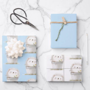 Blauer Garten-Igel mit Gänseblümchen-Geburtstag Geschenkpapier Set