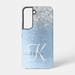 Blauer gebürsteter Metall Silber Glitter Monogramm Samsung Galaxy Hülle