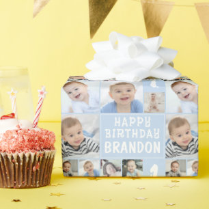 Blauer Geburtstag 8 Foto-Collage Name Alter Geschenkpapier