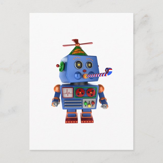 Blauer Geburtstagsspielzeug-Roboter Postkarte (Vorderseite)