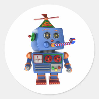 Blauer Geburtstagsspielzeug-Roboter Runder Aufkleber