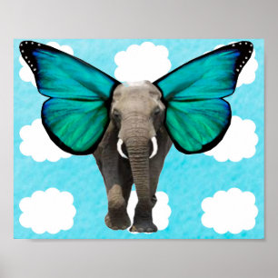 Blauer Geflügelter Elefant in Wolken Poster