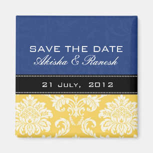 Blauer gelber Damast-Save the Date Magnet