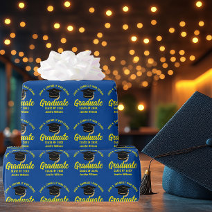Blauer gelber Graduiertenmesser Anpassbarer Abschl Geschenkpapier