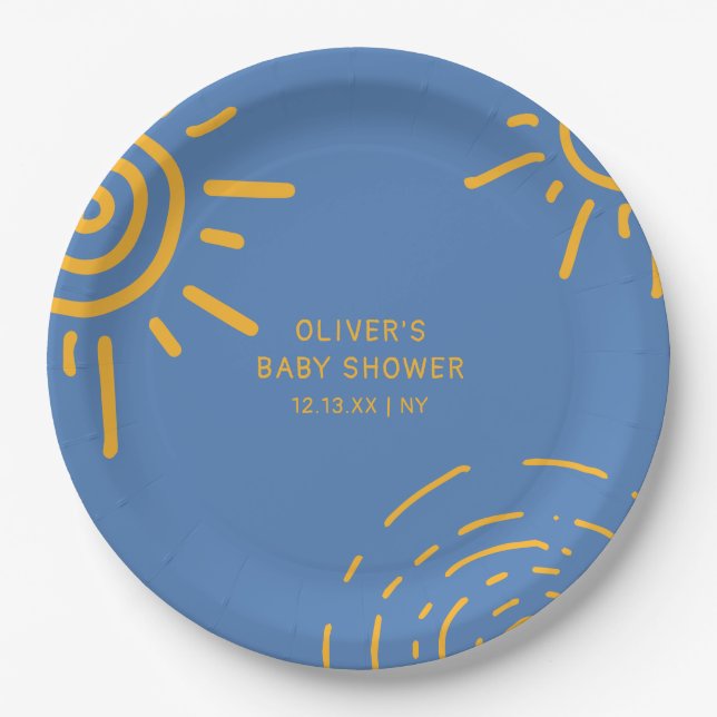 Blauer gelber Retro-Ray mit Sonnenschutzdusche Pappteller (Vorderseite)