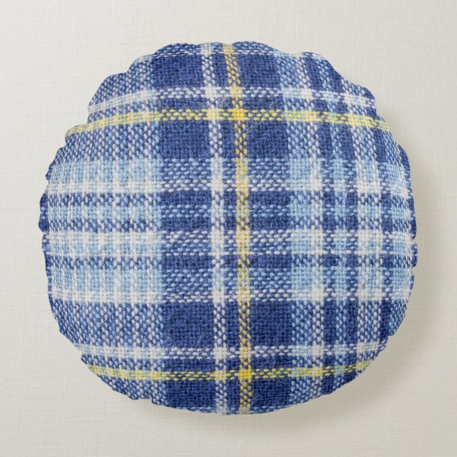 Blauer Gelber Tartan: Modische Karierte Rundes Kissen (Vorderseite)
