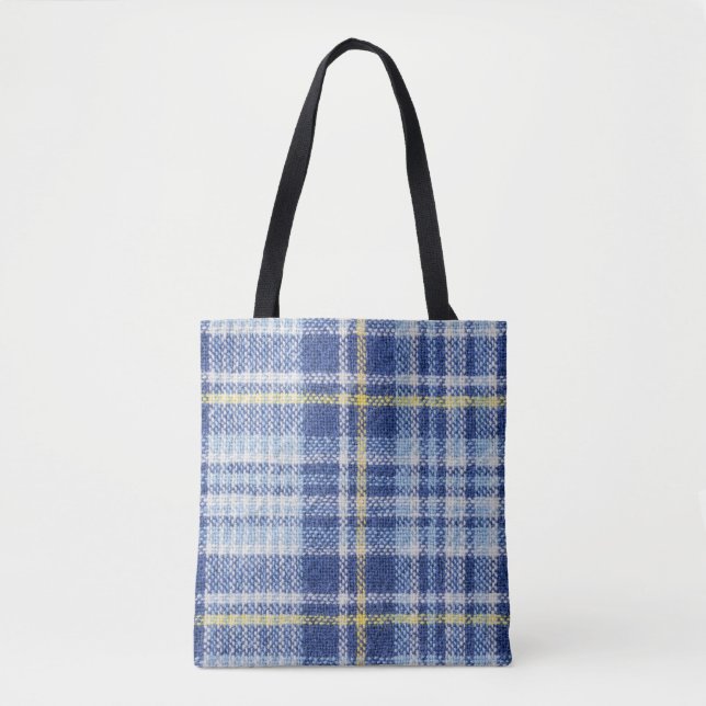 Blauer Gelber Tartan: Modische Karierte Tasche (Vorderseite)