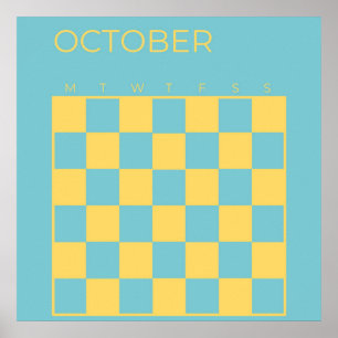 Blauer Gelber Undatierter Karierter Oktober-Kalend Poster