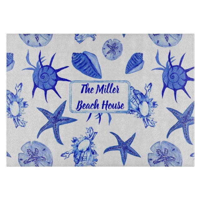 Blauer gemischter Seashell-individuelle Name Schneidebrett (Vorderseite)