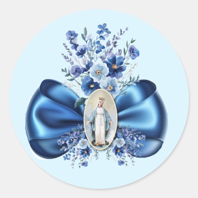 Blauer gesegnete Mutter Mary Floral Religious kath Runder Aufkleber (Vorderseite)