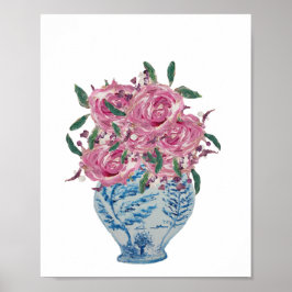 Blauer Ginger Jar Pink Roses Kunst drucken Poster