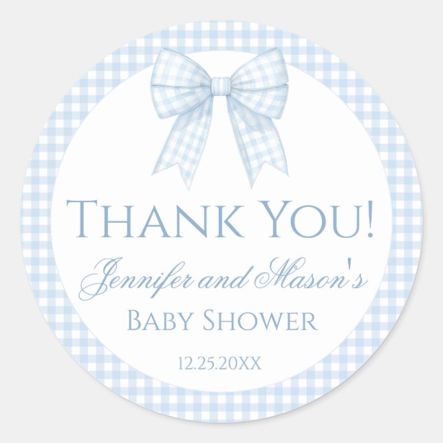 Blauer Gingham Bogen Baby Dusche Danke Aufkleber (Vorderseite)
