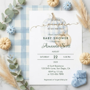 Blauer Gingham Kleiner Kürbis Junge Baby Shower Einladung