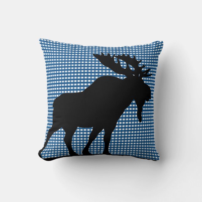Blauer Gingham mit Maine-Elch-Kissen Kissen (Vorderseite)