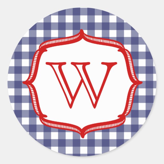 Blauer Gingham mit roter Monogramm-Aufkleber Runder Aufkleber (Vorderseite)